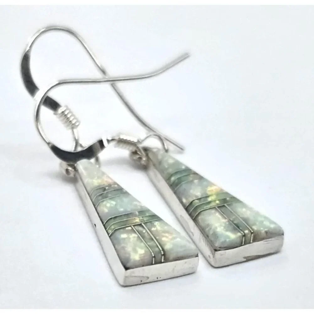 Fire Opal Dangle Earrings Sterling Silver Inlays Triangles Handmade 18.7mm NEW